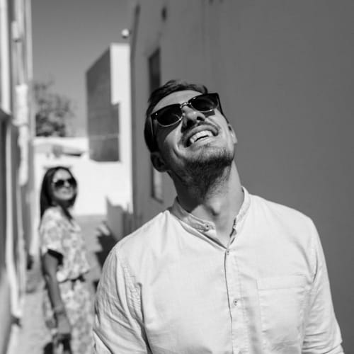 BW man and woman in a Greek Island
