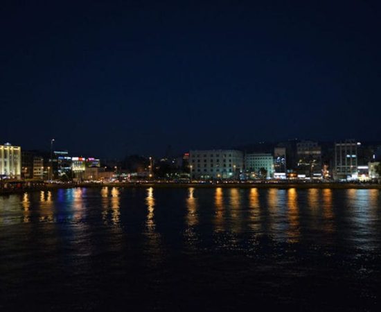Entering Pireaus port at night