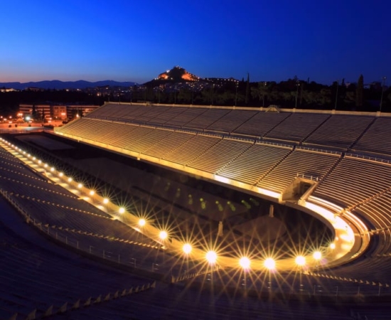 View at night of the Panathenaic Stadium of Athens. The stadium of the first modern Olympic games.Panathenaic Stadium of Athens