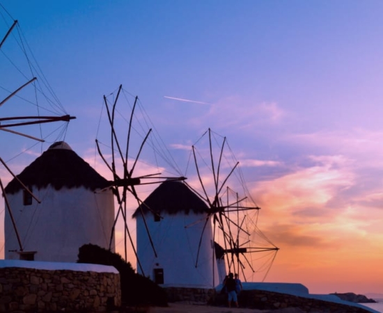 view of windmills in Mykonos