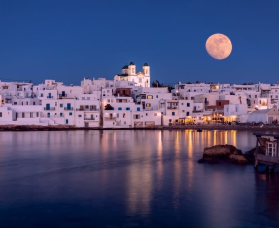 Full moon in Paros. Paros Islands at night with full moon.