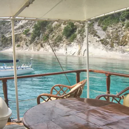 on boaed a wooden yacht