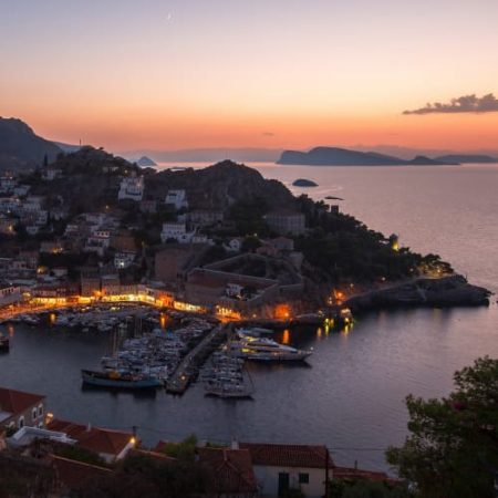 Hydra Island port at dusk