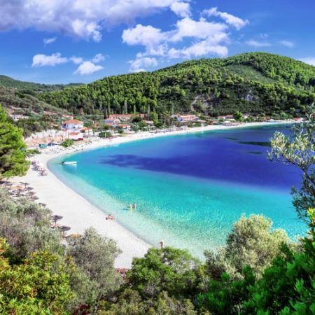 Beach with trees around, in Skopelos